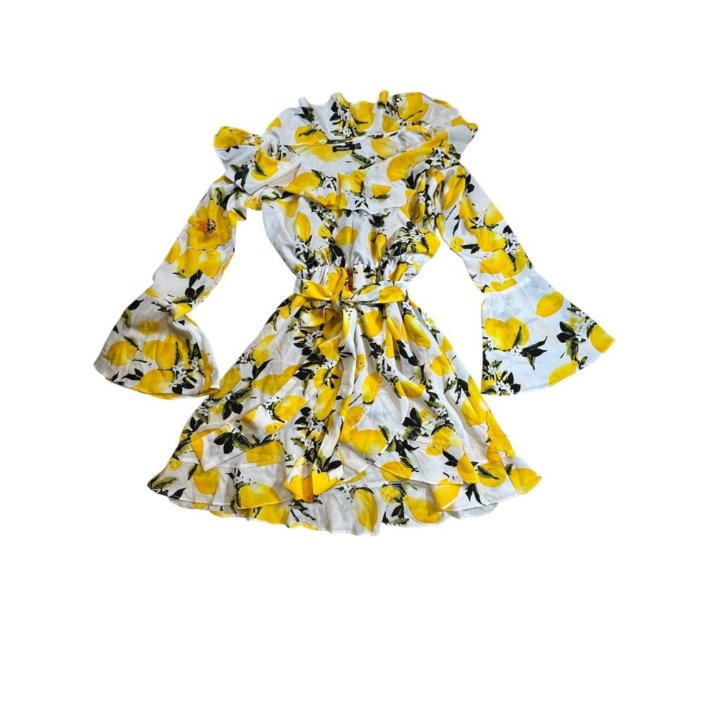 Boohoo Lemon Print Off Shoulder Mini Dress Bell Sleeve White Yellow Size US 2